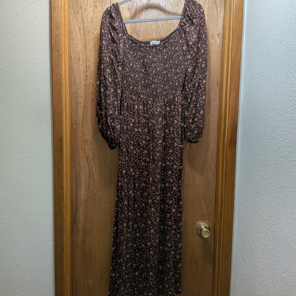 Lush Long Sleeve Floral Dress - Brown and Pink